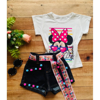 Conjunto T-shirt Saia ou Short Jeans Minnie Blogueirinha Menina