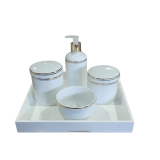 Kit Bebe Porcelana Friso Ouro Bandeja Mdf Branca