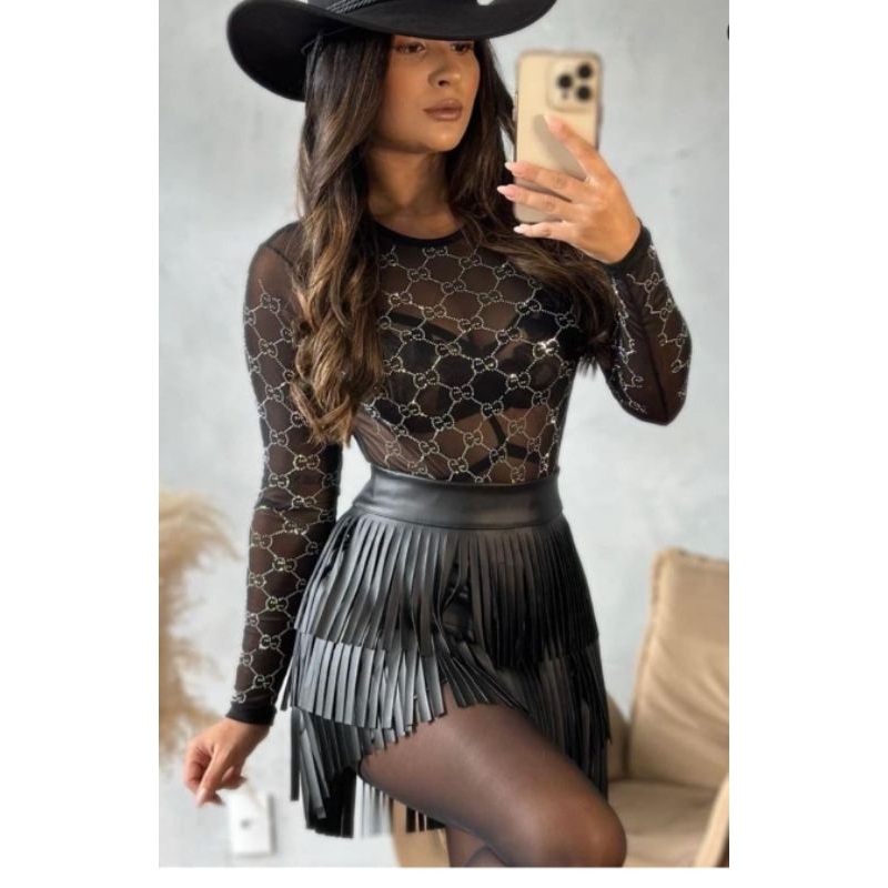 Body Feminino Tule Transparente Manga Comprida Aplicações em Strass ...