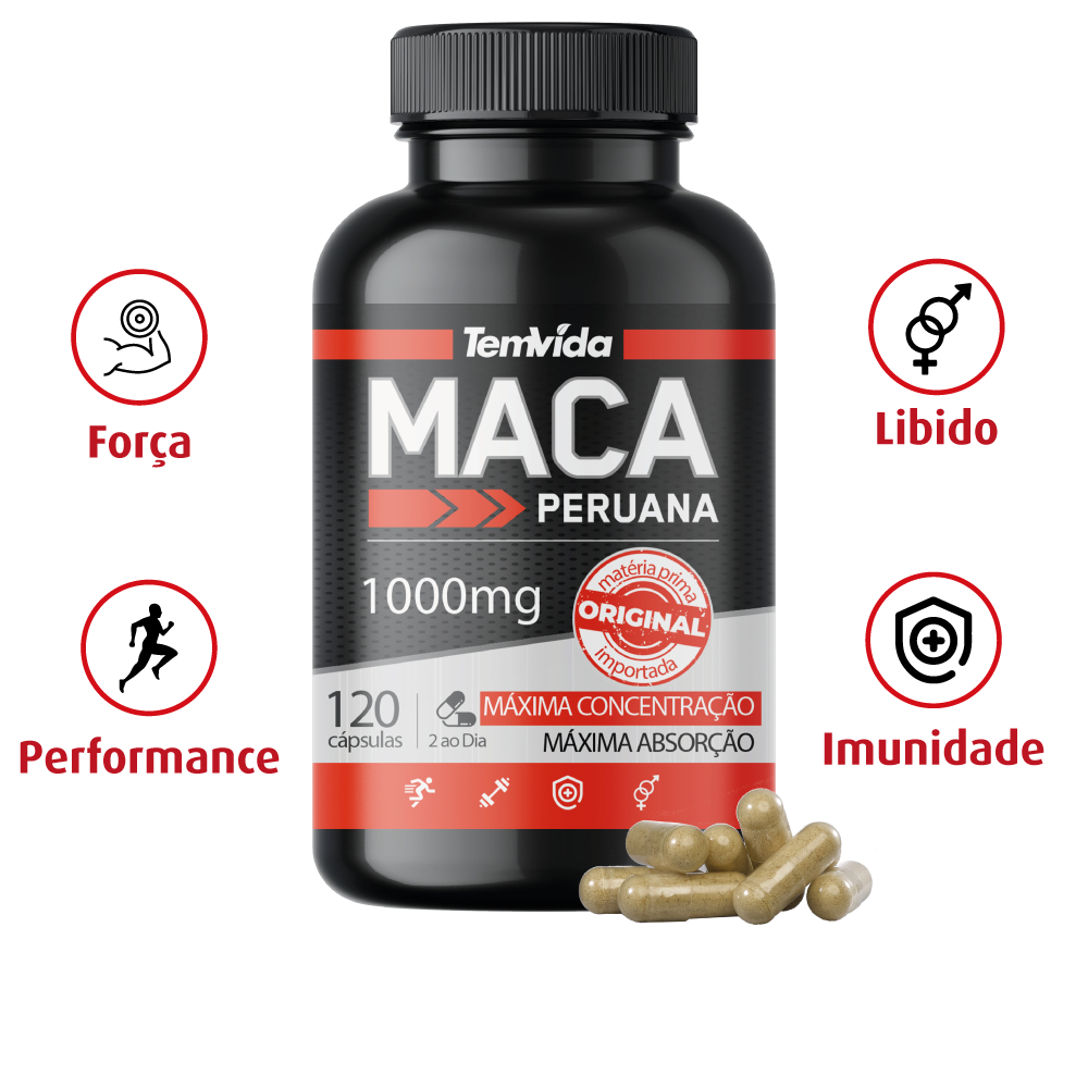 Maca Peruana 1000mg PURA 120 Cápsulas Tem Vida