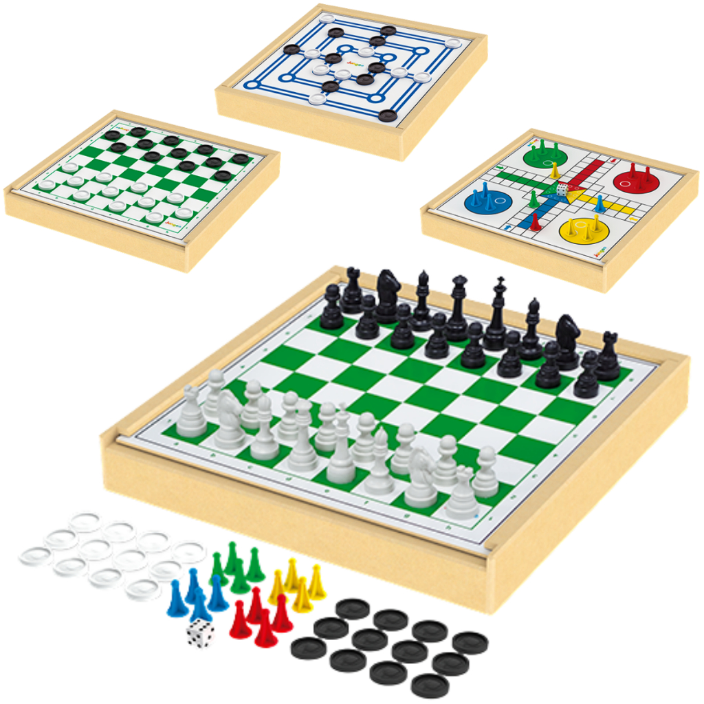 Jogo 4x1 Kit Jogos Xadrez Ludo Damas e Trilha em madeira MDF Formato de ...