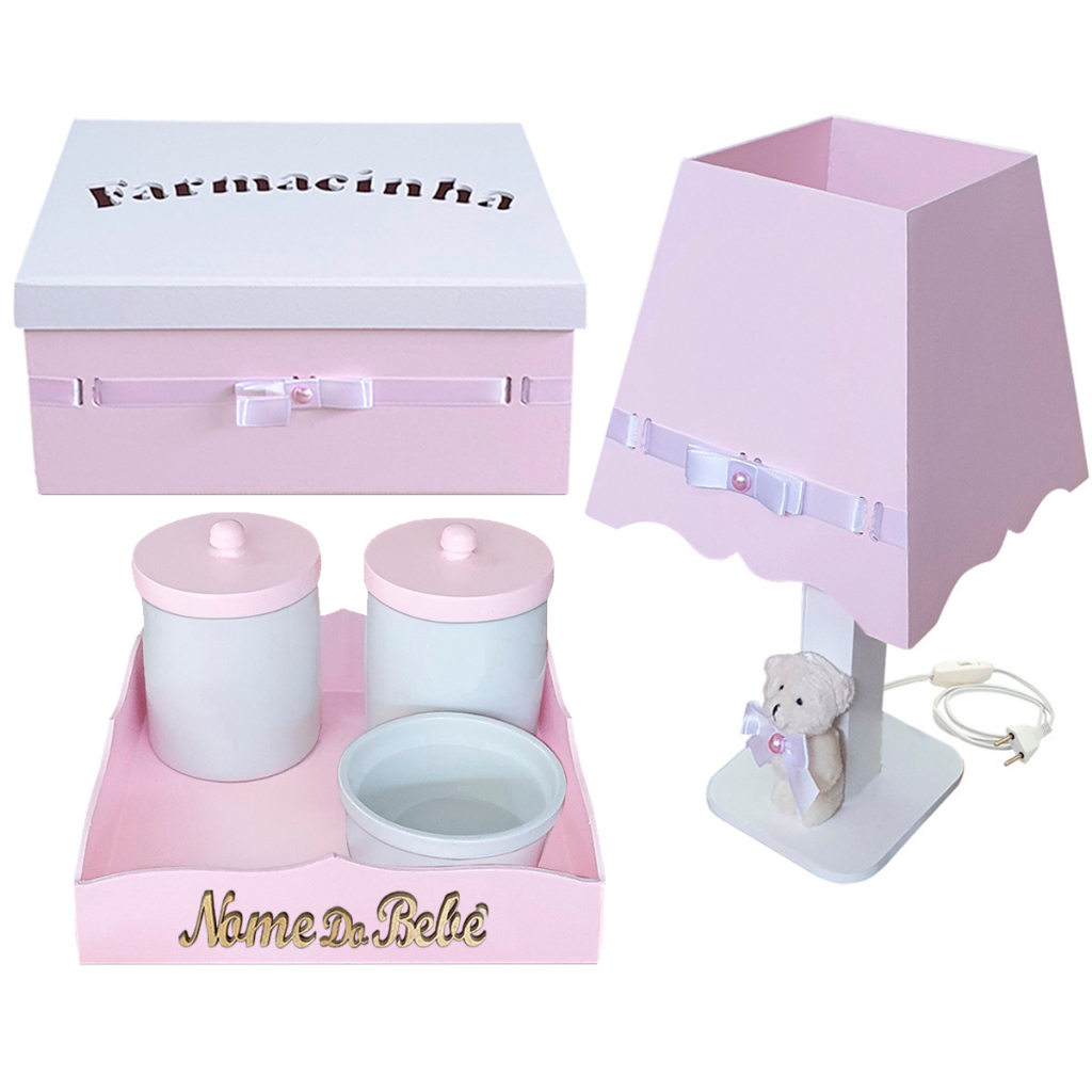 Kit Higiene Madeira com Potes Porcelana Luminaria e Farmacinha Rosa