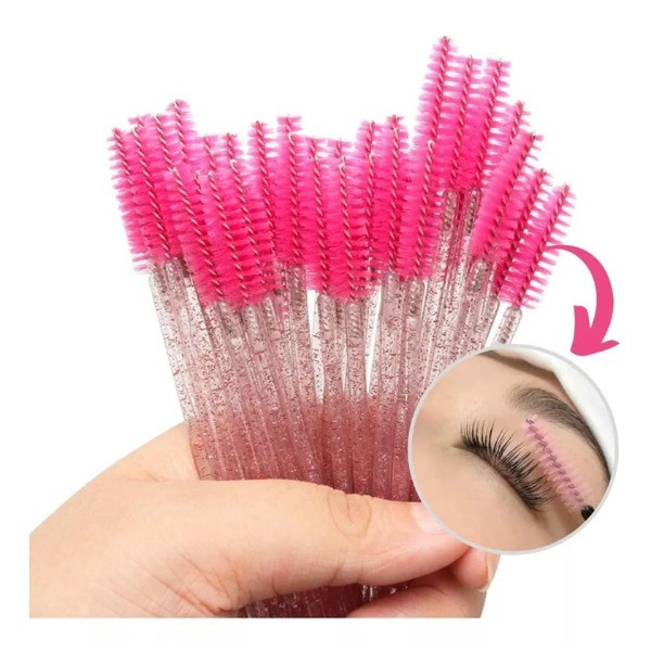 Kit 100 Escovas De Cílios E Sobrancelha Descartáveis Com Glitter