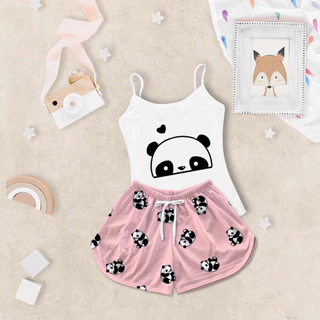 Pijama Infantil Feminino Baby Doll Camisa Alcinha Panda Rosa