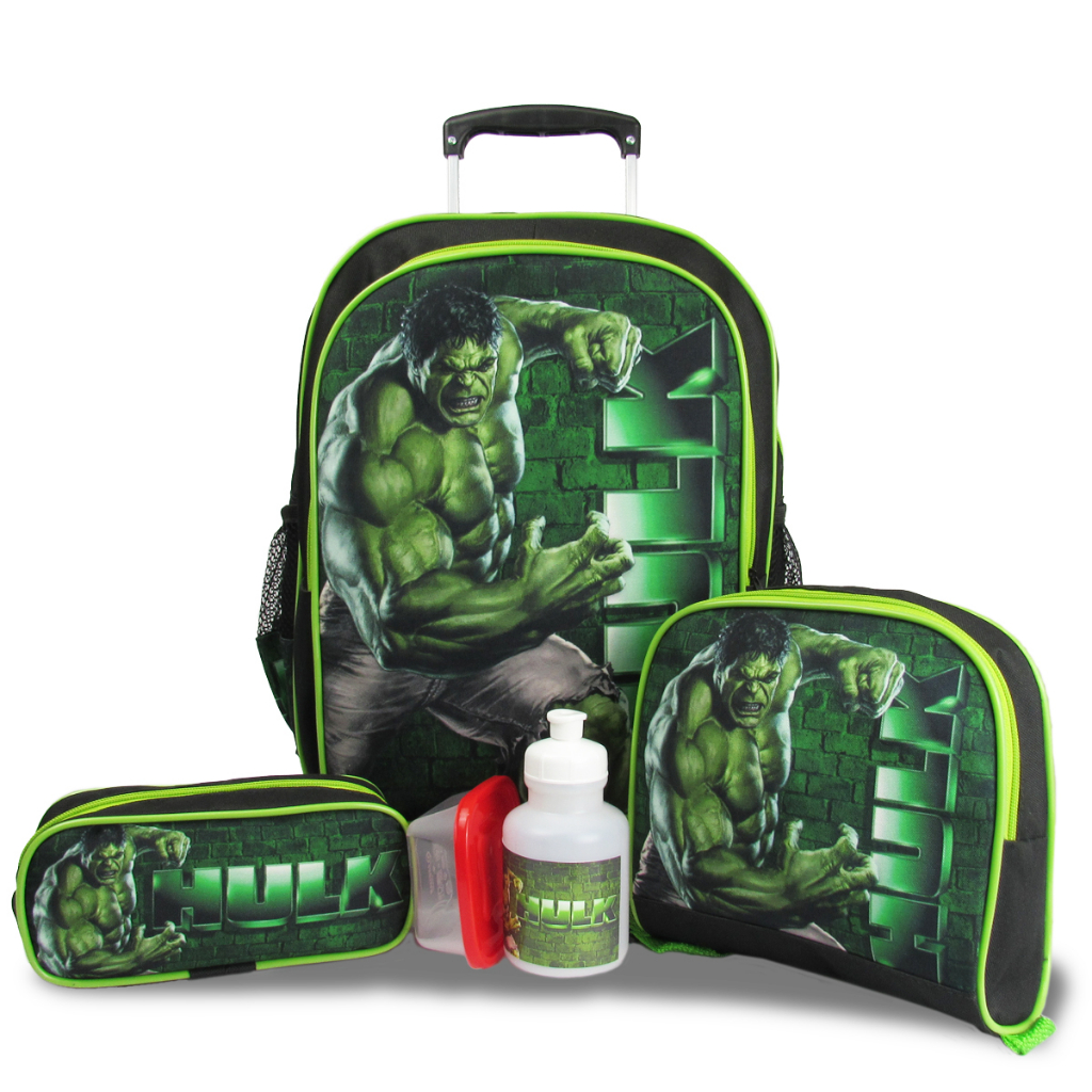 Kit Mochila Infantil Escolar Hulk Rodinhas Tam G