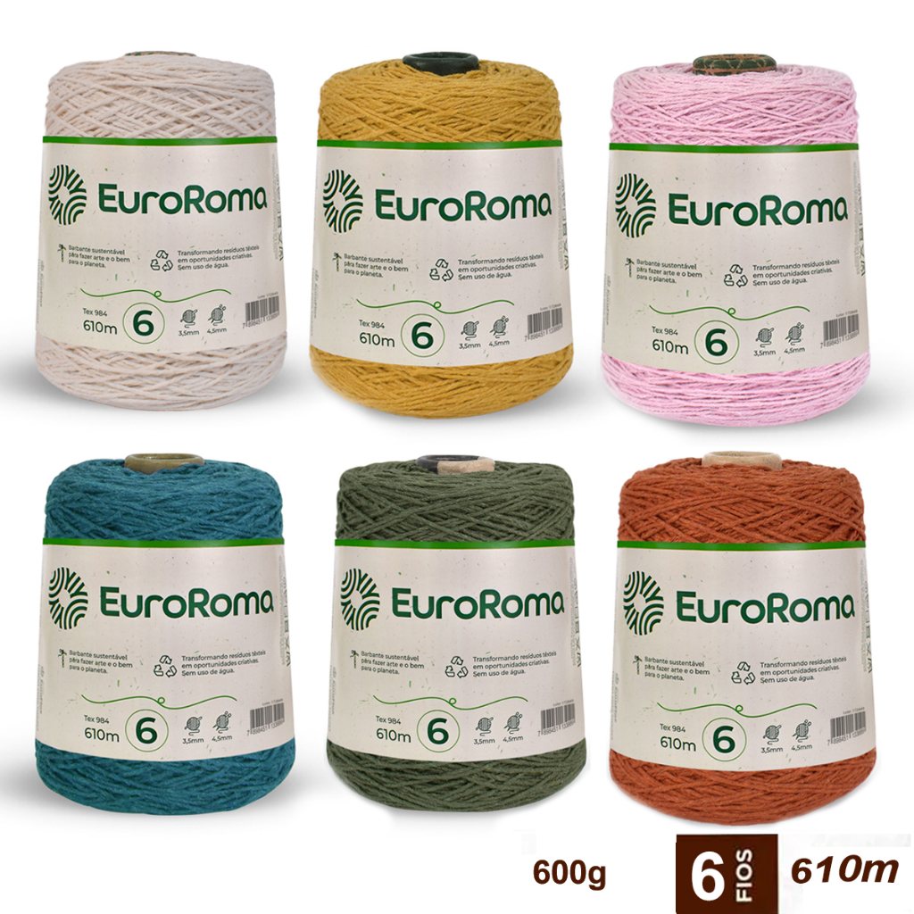 Barbante EuroRoma 6 Fios 610m Varias Cores 600g Trico Croche