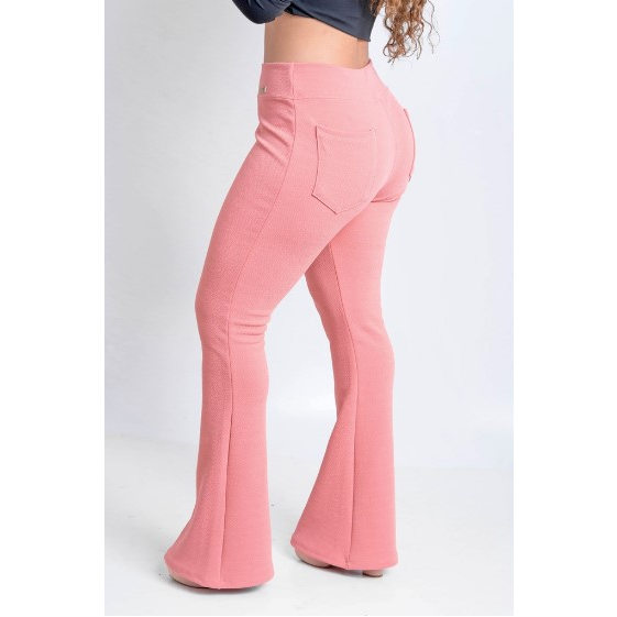 Calça Legging Flare Rose Malha Crepe Boca de Sino com Bolso Casual