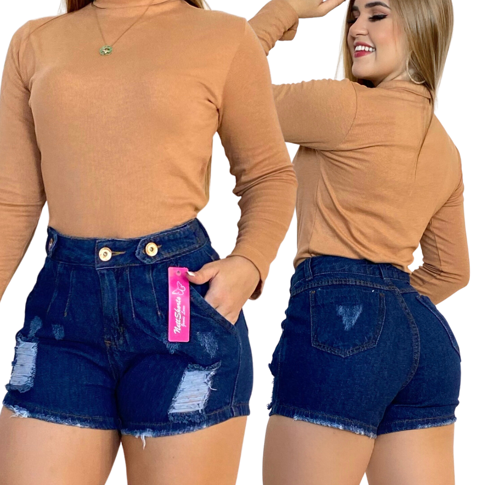 Short Jeans Cargo Feminino Cintura Alta Com Lycra Elastano Levanta