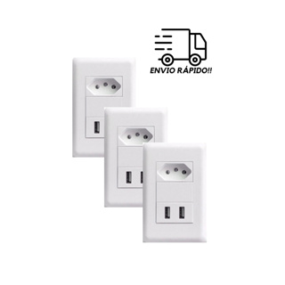 Kit 3 Tomadas De Parede Com 2 Entradas Usb Bivolt Jwcom Modelo Luxo ( sem parafuso exposto )