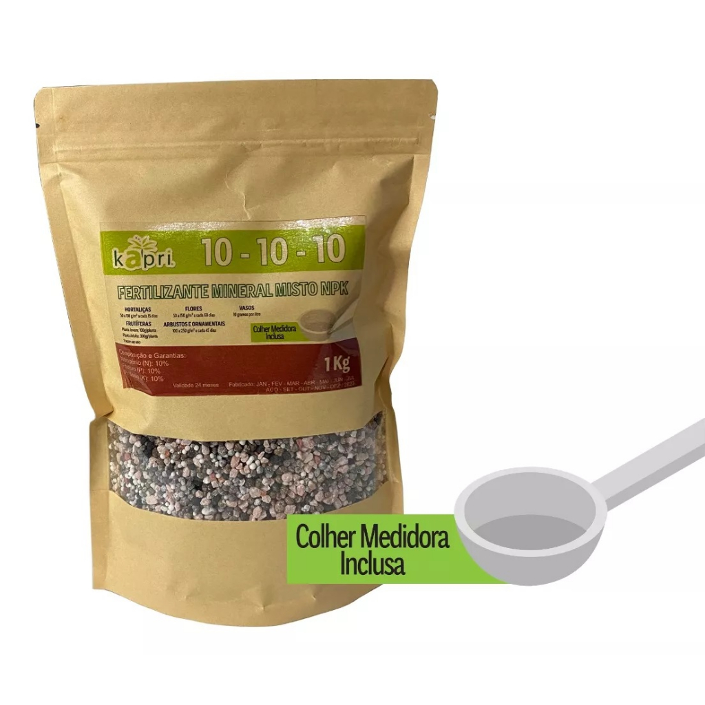 Adubo Fertilizante NPK 10x10x10 com Medidor ZipLock Plantas Flores 1kg + Colher medidora Inclusa