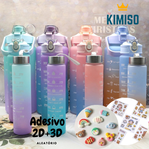 Garrafa de agua Kit 2Litros + 900ML + 300ML Squeez Colorido com adesivo 3D + 2D