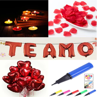 Kit Romântico - 200 Pétalas + 10 Velas + 6 Balões Coração + Balão Te Amo + Fitilho + Bomba