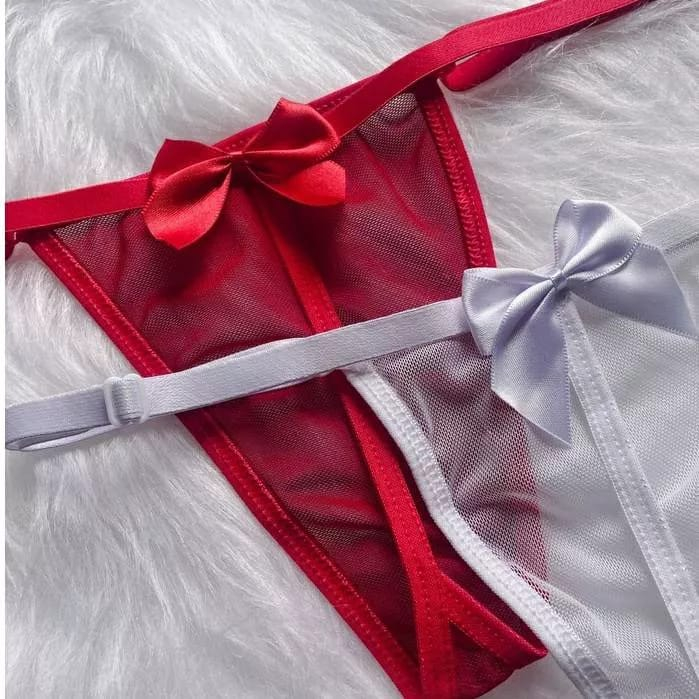 Kit Com 3 Calcinhas De Tule Com Laço Atrás Lingerie Sexy Sensual Tanga