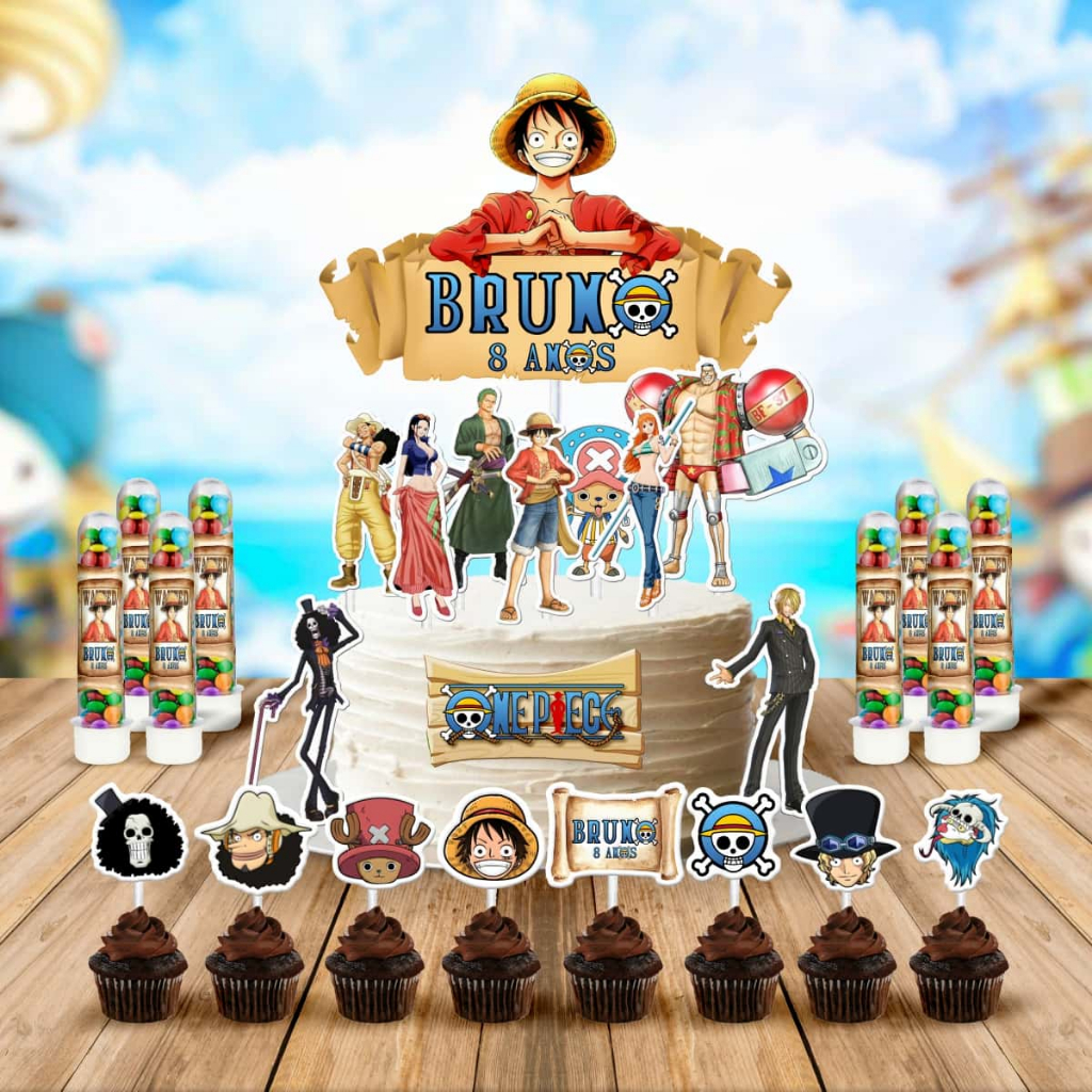 Decoração de Festa One Piece Luffy com Topo de bolo 50 Toppers para docinhos e 50 Adesivos para Tubetes