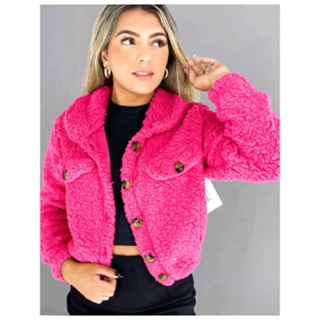 Jaqueta Casaco Blusa Pelinho Pelúcia Teddy Feminino Botoes Frio Inverno