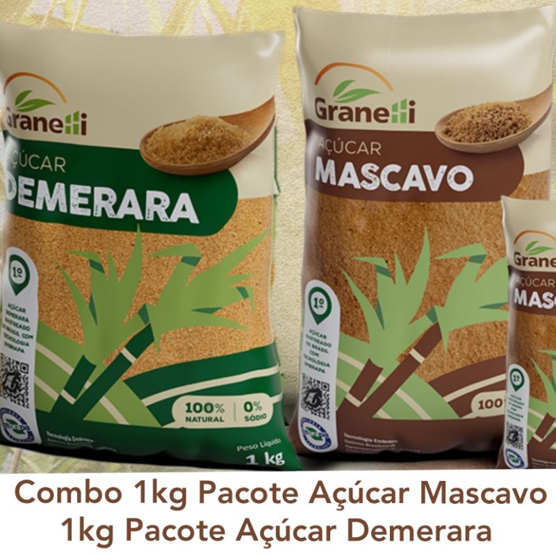 2kg Açúcar 100% Natural - 1kg Mascavo e 1kg Demerara - Ambos com Selo ...