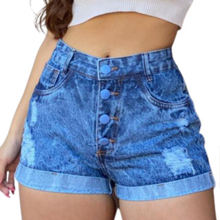 Short Feminino Jeans Azul Escuro Detonado Curto Verão 2023