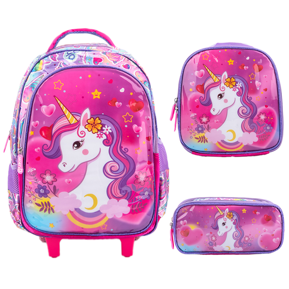 Kit Mochila Escolar Infantil de Rodinhas Menina Bolsa Resistente Impermeável Com Lancheira e Estojo