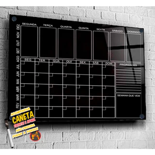 Lousa de Parede PLanner Mensal Semanal Lousa Quadro Negro Preto Fosco com caneta escreve e apaga