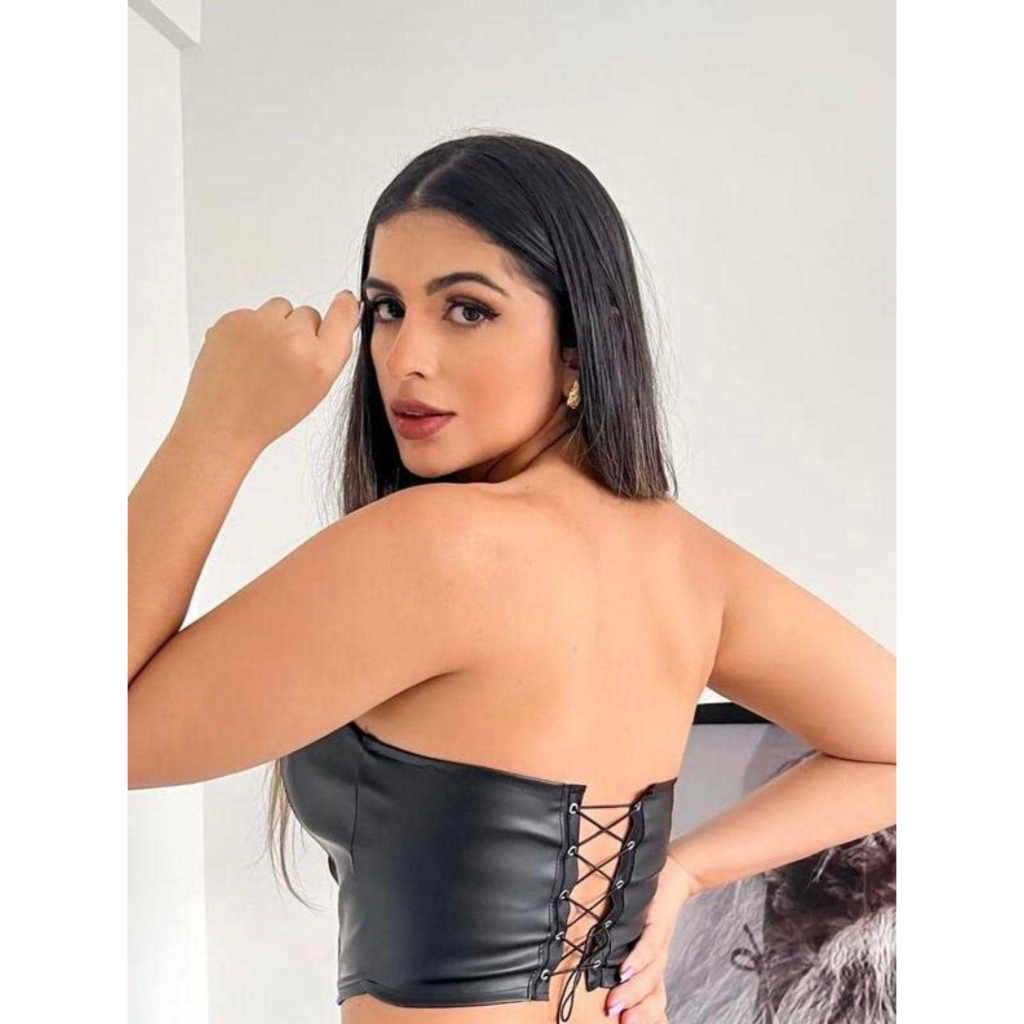 Corset Tomara Que Caia Blusa Couro Fake Cirre Com Bojo Amarração