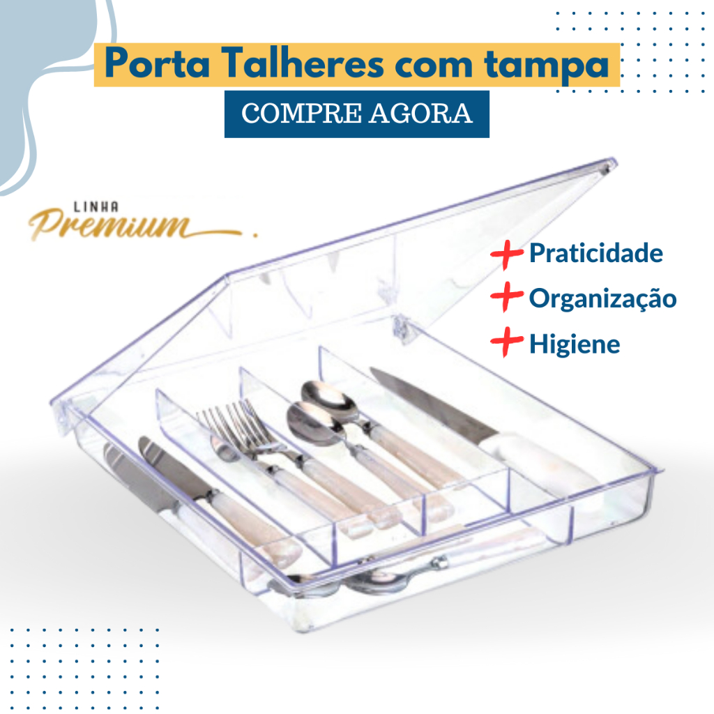 Porta Talheres Cristal Cinco Divisórias Transparente Resistente com tampa