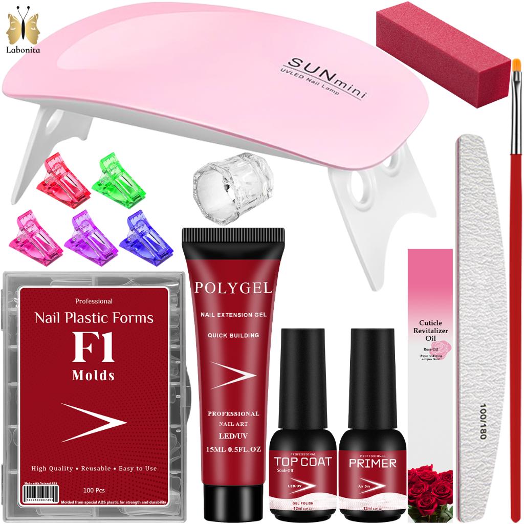Kit Alongamento de Unha Polygel Cabine Estufa Sun Mini 6w Top Coat Primer 100 Moldes F1Gel Acrigel Porcelana