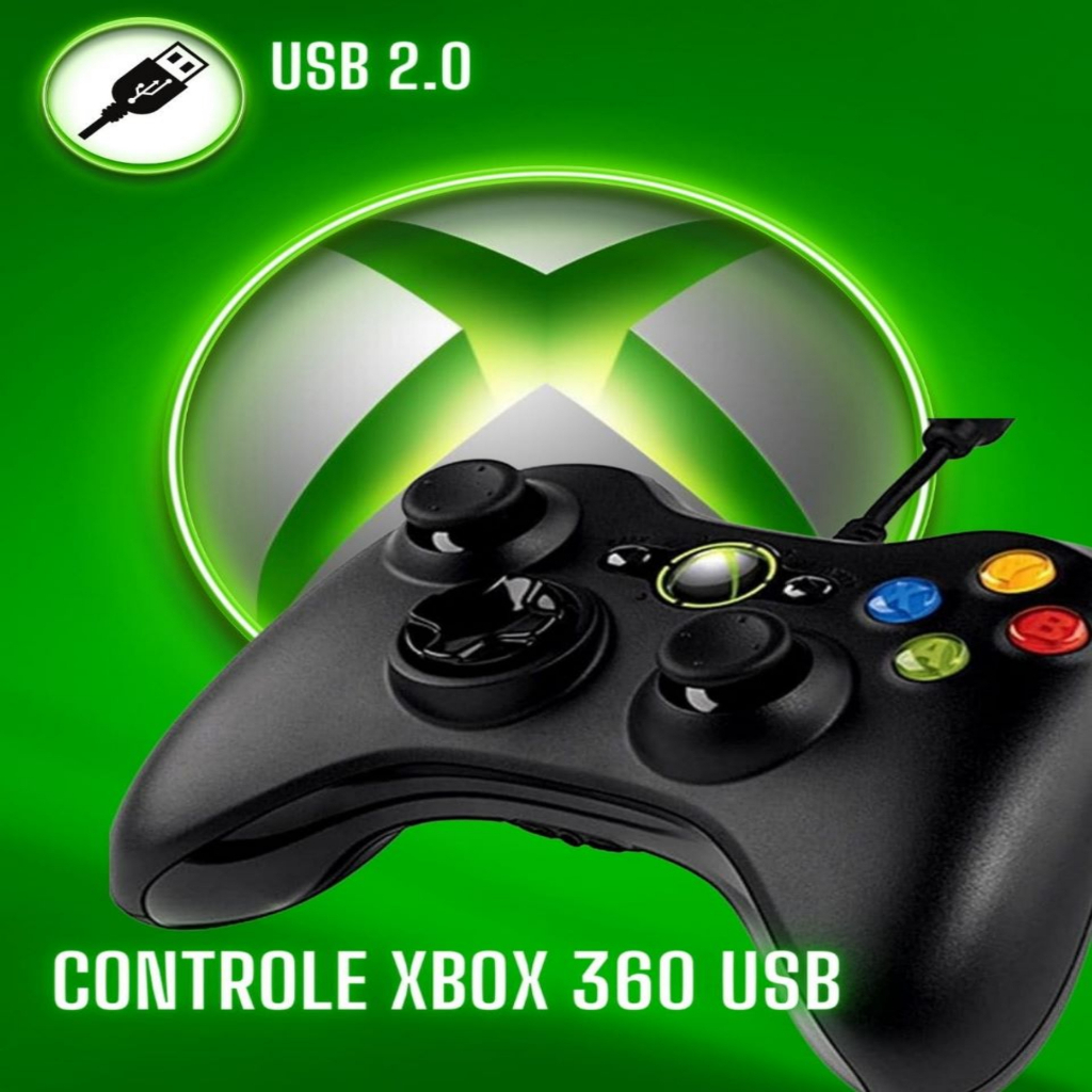 Controle Joystick XBOX 360 Para VideoGame/PC Com Fio USB 2 metros
