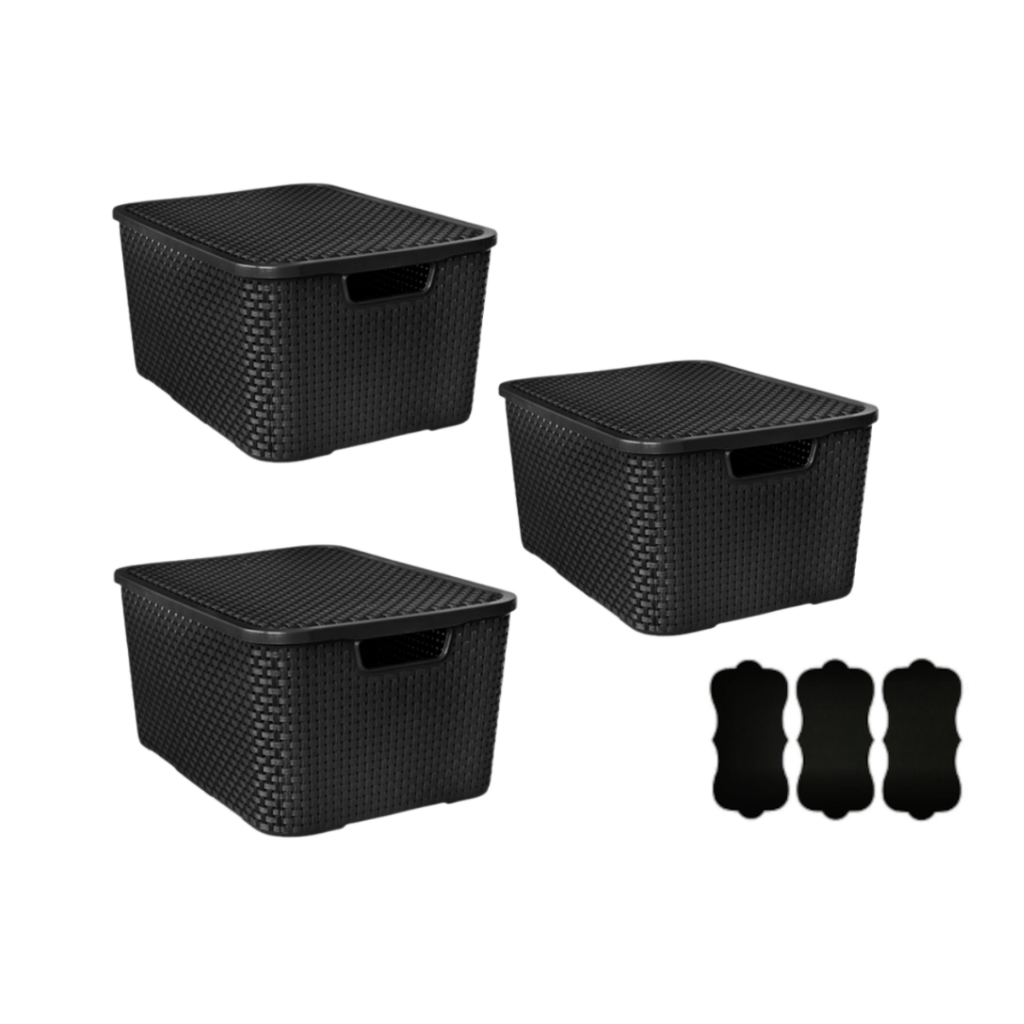 Kit 3 Caixas Organizadoras Rattan 15l Preto C Tampa 3 Etiquetas Shopee Brasil 3592