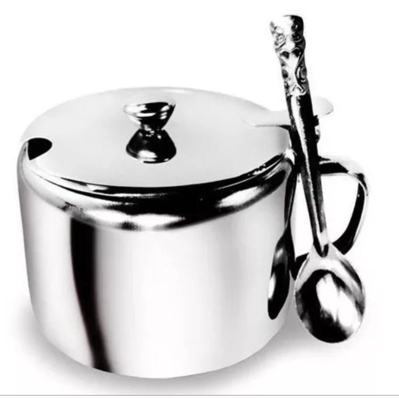acucareiro luxo em aço inox com tampa e colher reforçado