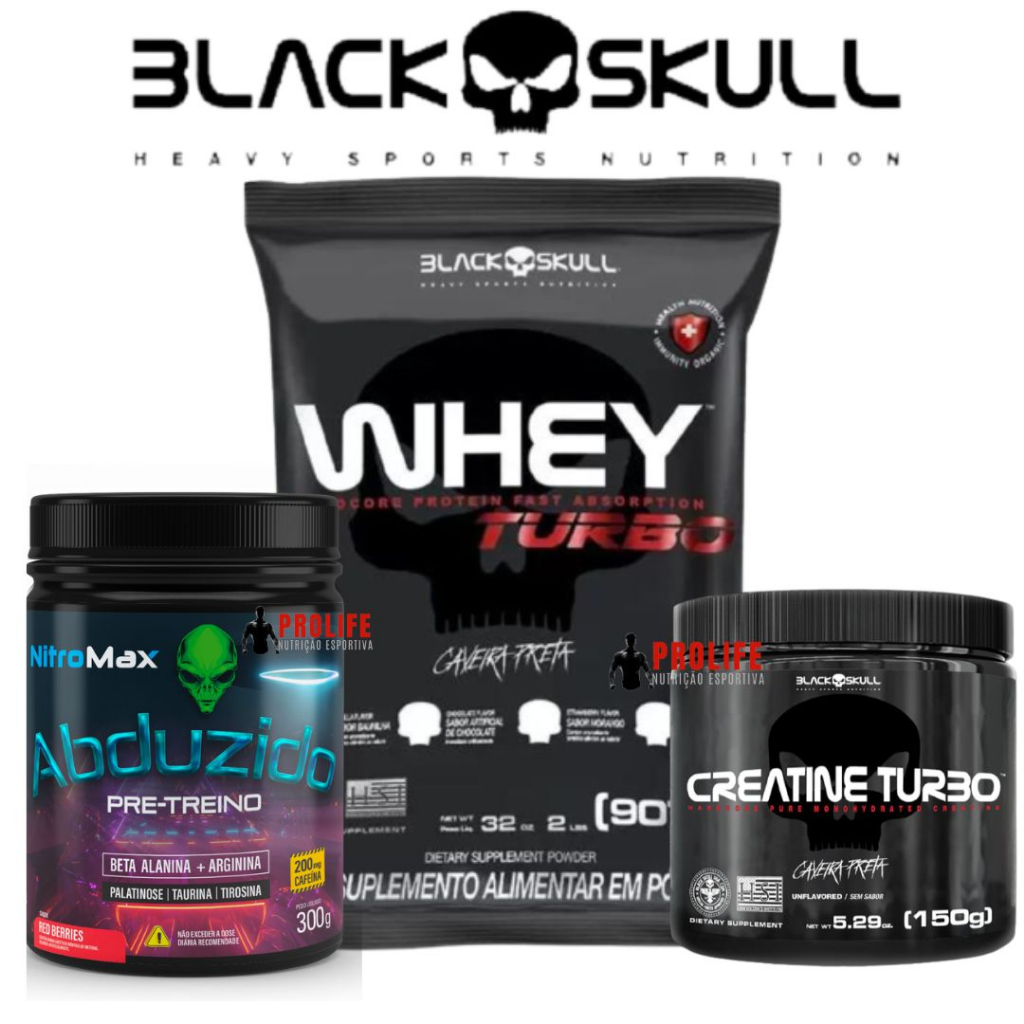 Kit Suplementos Black Skull, whey protein pre treino e creatina