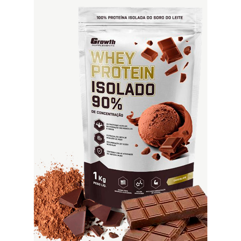 Whey Protein 100% Isolado com 90% Concentração 1kg – Chocolate – Growth Suplementos