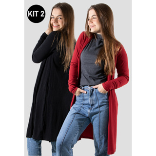 Kit 2 Cardigan Canelado Aberto Manga Longa Feminino