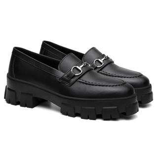 Mocassim Feminino Tratorado Fivela Estilo Moderno Calce Fácil Conforto Preto