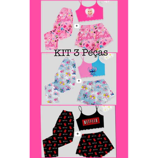 kit 3 pecas pijamas personalizados blusa croped calça short