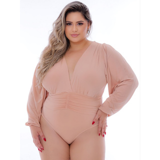 Body Feminino Plus Size / Blusa Feminina Manga Longa Princesa Bufante /  Transpassado / Decotado Gola V / Moda Blogueira