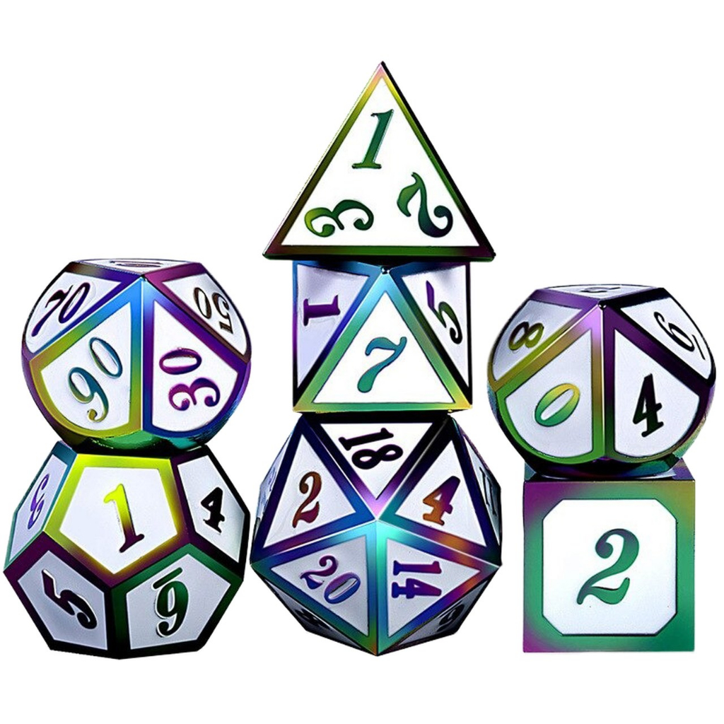 Kit 7 Dados RPG Metal Branco Anodizado Pesado Maciço Luxo Medieval D20 ...