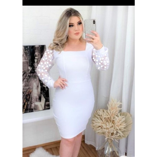 Vestido Branco Casamentos Civil com Manga Longa de Tule Bolinhas Tubinho