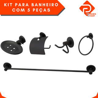 Kit Acessórios Para Banheiro Aço Inox 5 Peças Preto Fosco Conjunto Porta Toalha Banho Rosto Papeleira Papel Higiênico Saboneteira Sabonete Cabide 2 Ganchos