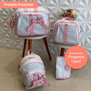 Kit Bolsas de Maternidade + Mochila Bebê Chevron Luxo Cinza - Material Térmico e Impermeável