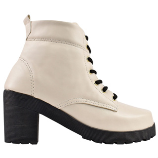 Bota Feminina Coturno Branco Cano Médio Salto Tratorado Cadarço Preto