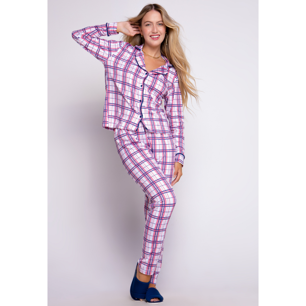 Pijama Longo em Viscolycra com Blusa Manga Curta e Calça Xadrez Pied-de- Poule, Shopping