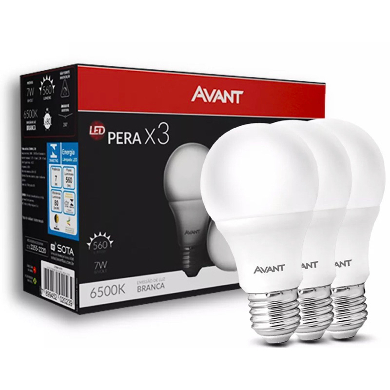 Kit Lâmpada Pera LED, 3 unidades, 7W, Luz branca 6500K, soquete E27,  Bivolt, Avant - Lupa Distribuidora