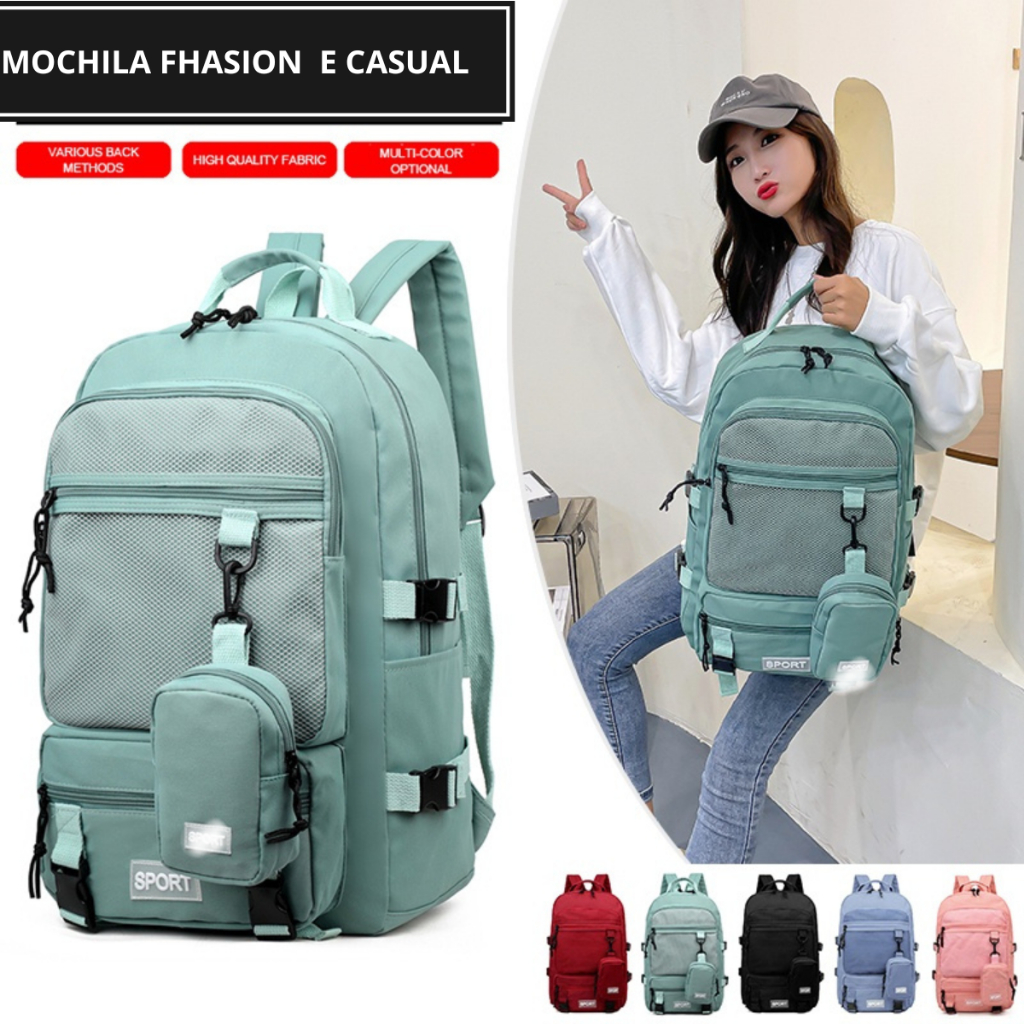 Mochila Spor feminina grande Nylon impermeável escolar faculdade Com Bolsinha