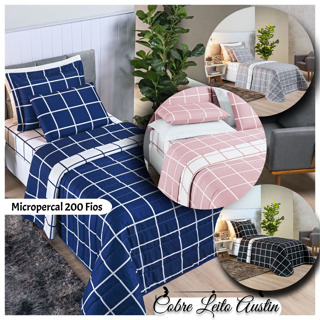 Kit Colcha Cobre Leito Solteiro Dupla Face Austin - 2 Pcs Grid Xadrez 200 Fios