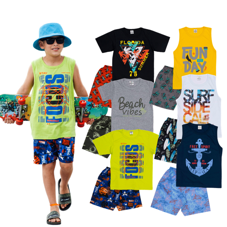 KIT COM 3 CONJUNTOS infantil masculino 6 peças = 3 Camisetas/Regatas + 3 Bermudas 100% ALGODÃO