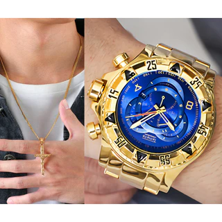 Relógio Masculino Relógio Dourado Luxuoso Kit Para o Dias Dos Pai Em Aço Inoxidável + Colar e Pingente Envio Imediato