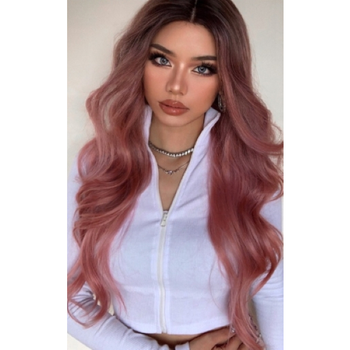Peruca Wig Ondulada sem Franja Ombre Rosa