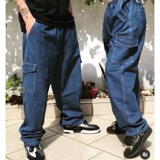 CALÇA CARGO JEANS LARGA UNISSEX SKATE 6 BOLSOS FECHAMENTO CORDÃO E ELÁSTICO NA CINTURA VARIAS CORES