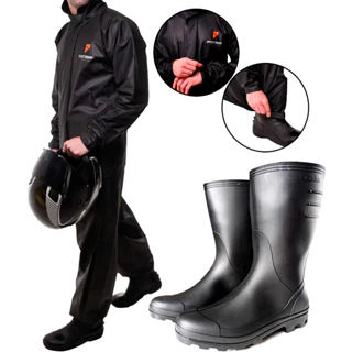 Capa De Chuva - Conjunto Calça Jaqueta Impermeavel Luxo Pvc Pioneira - Moto / Motoboy / Motoqueiro + Bota Borracha Galocha Cano Medio Vonder