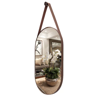 Espelho Oval Decorativo Com Alça Couro + Pendurador